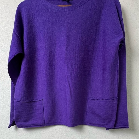 NWOT EILEEN FISHER Purple 100% Merino Wool Boat Neck Box Sweater Pockets Size MP - Picture 3 of 12